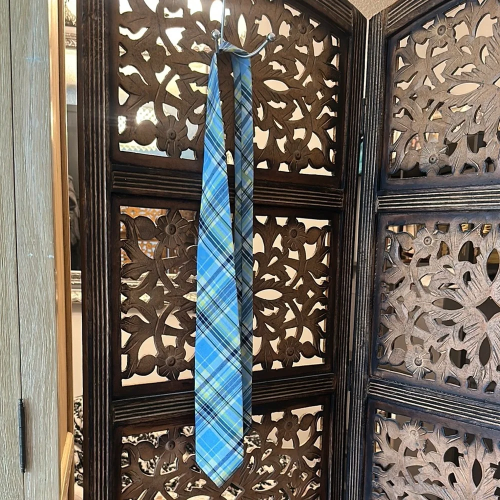 J. Khaki Blue / Yellow / White Plaid Necktie / Tie.